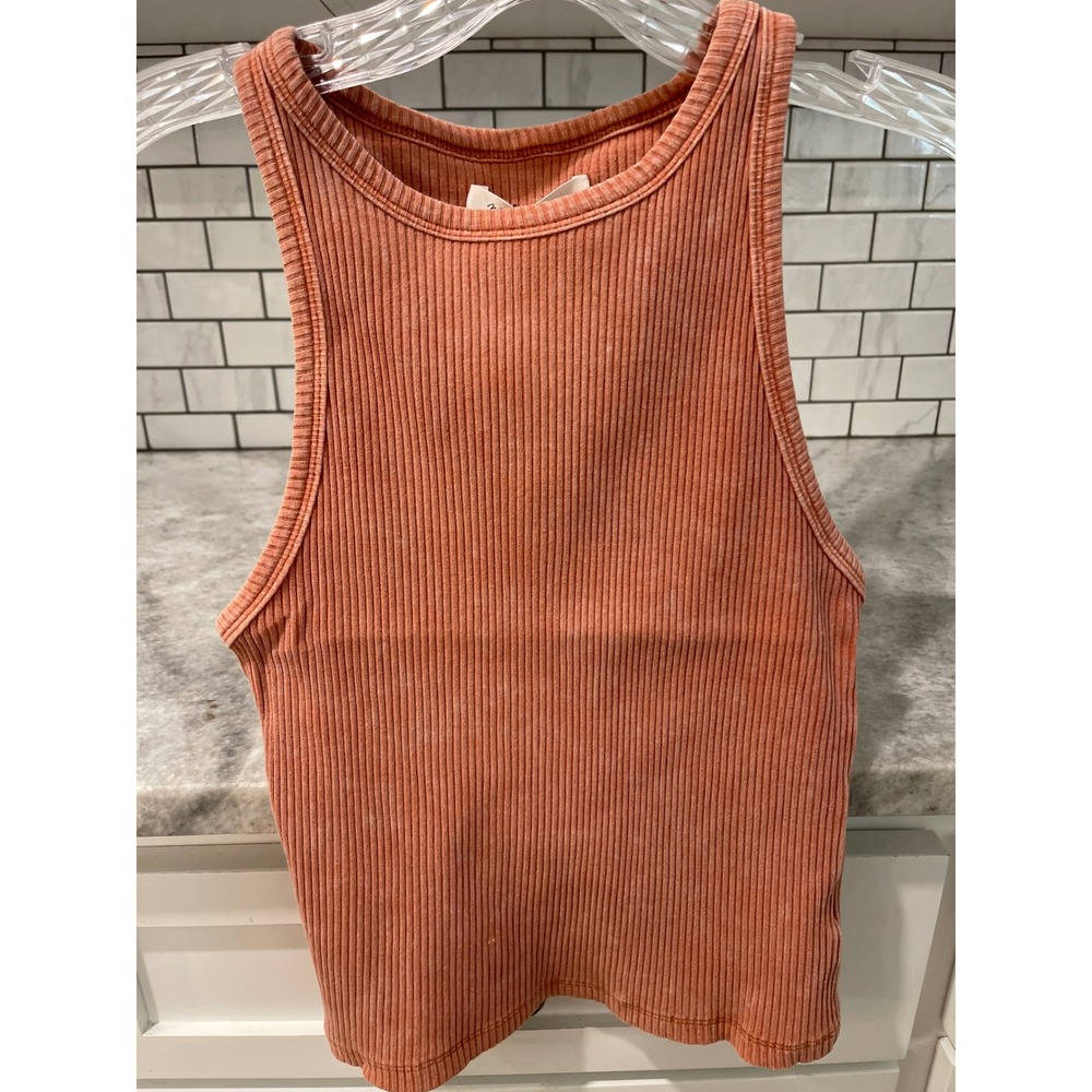 New Mustard Seed Tank Top Womens Medium Tan Rust Ribbed Racerback Mineral Wash